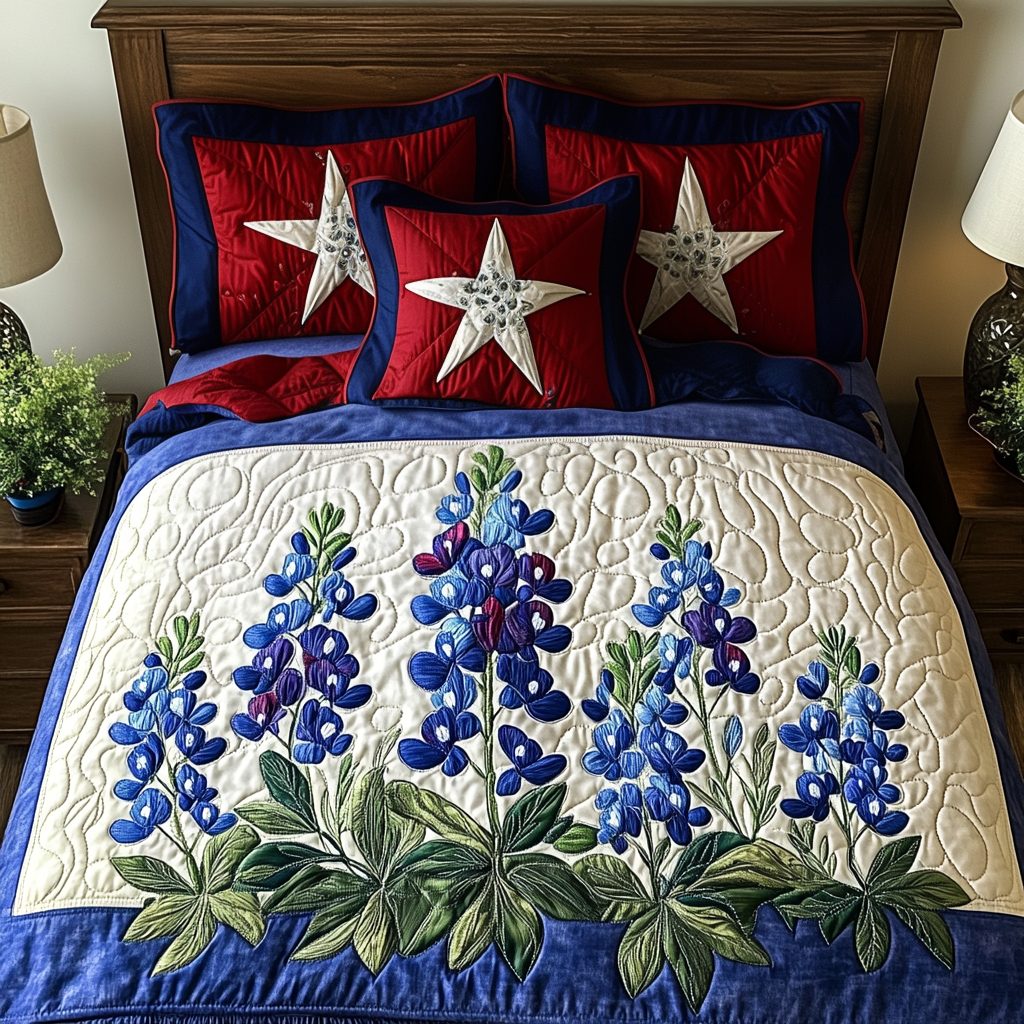 Bold Texas quilted 3-piece bedding set on a made bed in a rustic timber bedroom