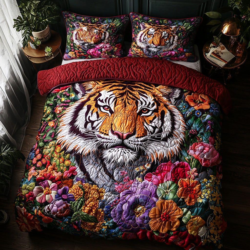 Bold Tiger quilted 3-piece bedding set on a made bed with two matching pillow shams