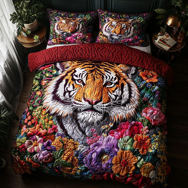 Bold Tiger quilted 3-piece bedding set on a made bed with two matching pillow shams