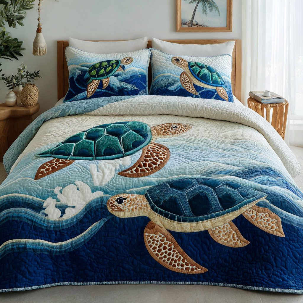 Bold Turtle quilted 3-piece bedding set on a made bed in a light coastal bedroom