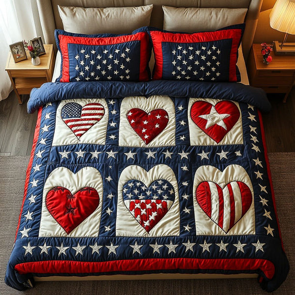 Boldly Patriotic quilted 3-piece bedding set on a made bed in a warmly lit bedroom