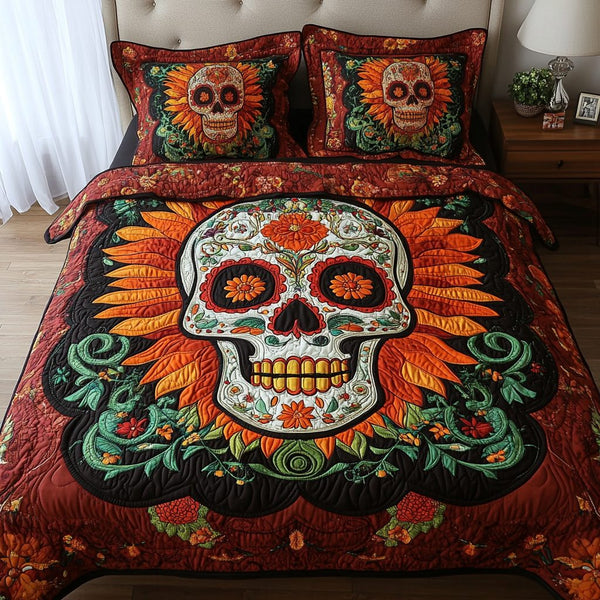 Bone Blossom quilted 3-piece bedding set on a made bed against a dark styled interior