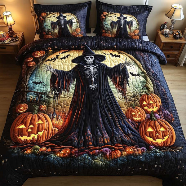 Bone Chiller quilted 3-piece bedding set on a made bed against a dark styled interior