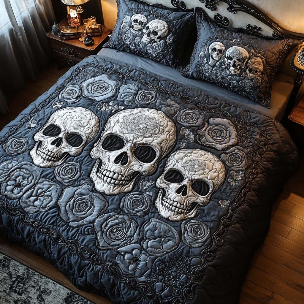 Bone Garden quilted 3-piece bedding set on a made bed against a dark styled interior