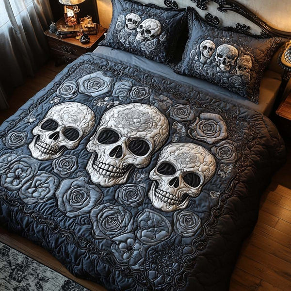 Bone Garden quilted 3-piece bedding set on a made bed against a dark styled interior