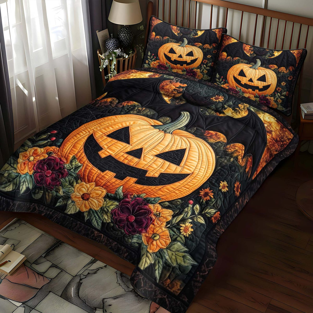 Boo Crew quilted 3-piece bedding set on a made bed with two matching pillow shams