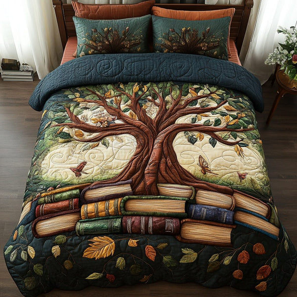 Book Bloom quilted 3-piece bedding set on a made bed with two matching pillow shams