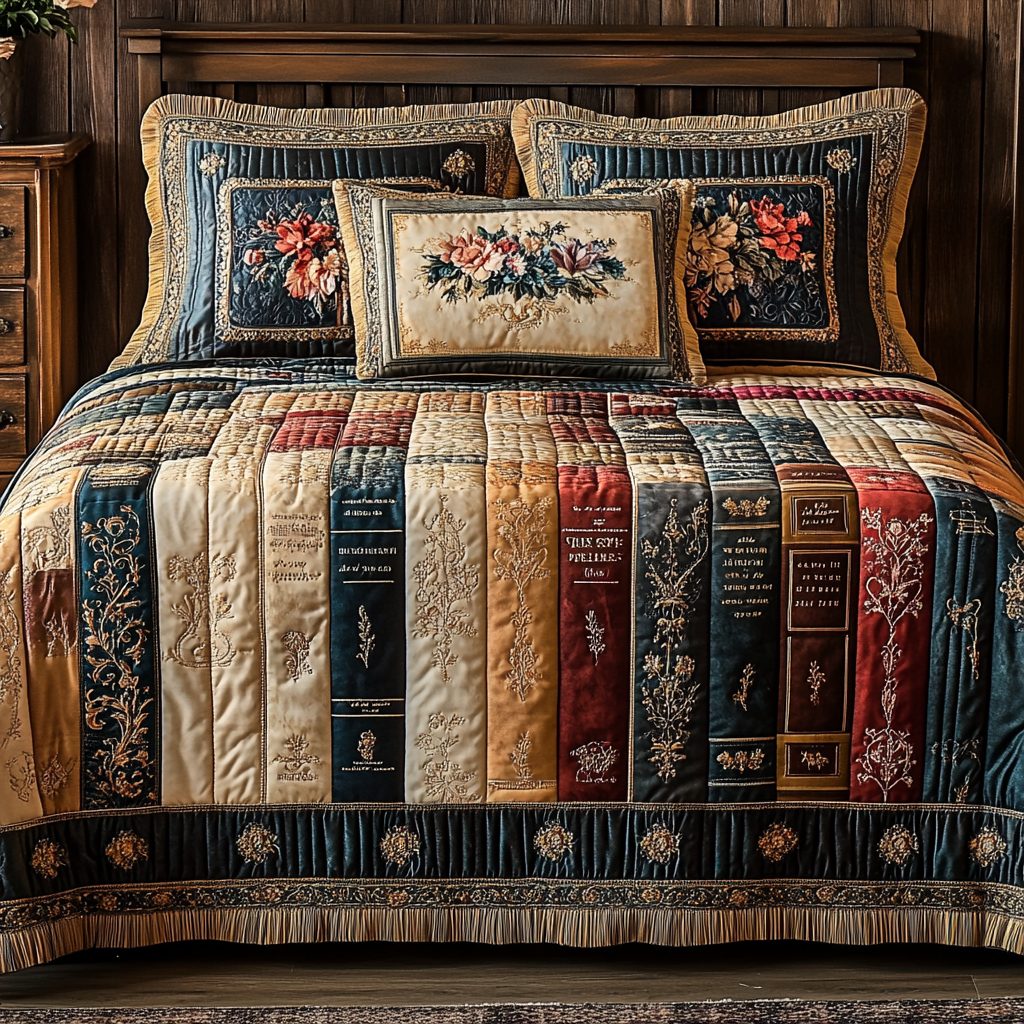 Book Bloom quilted 3-piece bedding set on a made bed with two matching pillow shams