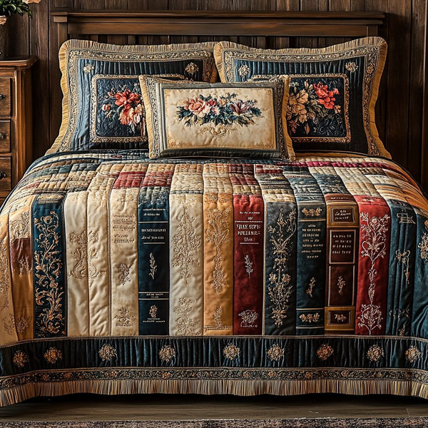 Book Bloom quilted 3-piece bedding set on a made bed with two matching pillow shams