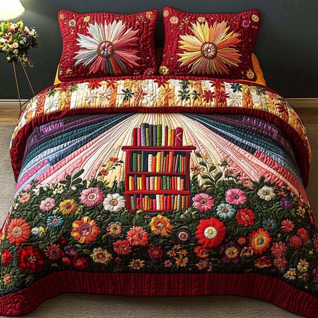 Book Breeze quilted 3-piece bedding set on a made bed with two matching pillow shams