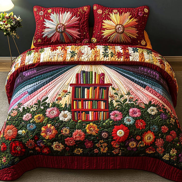 Book Breeze quilted 3-piece bedding set on a made bed with two matching pillow shams