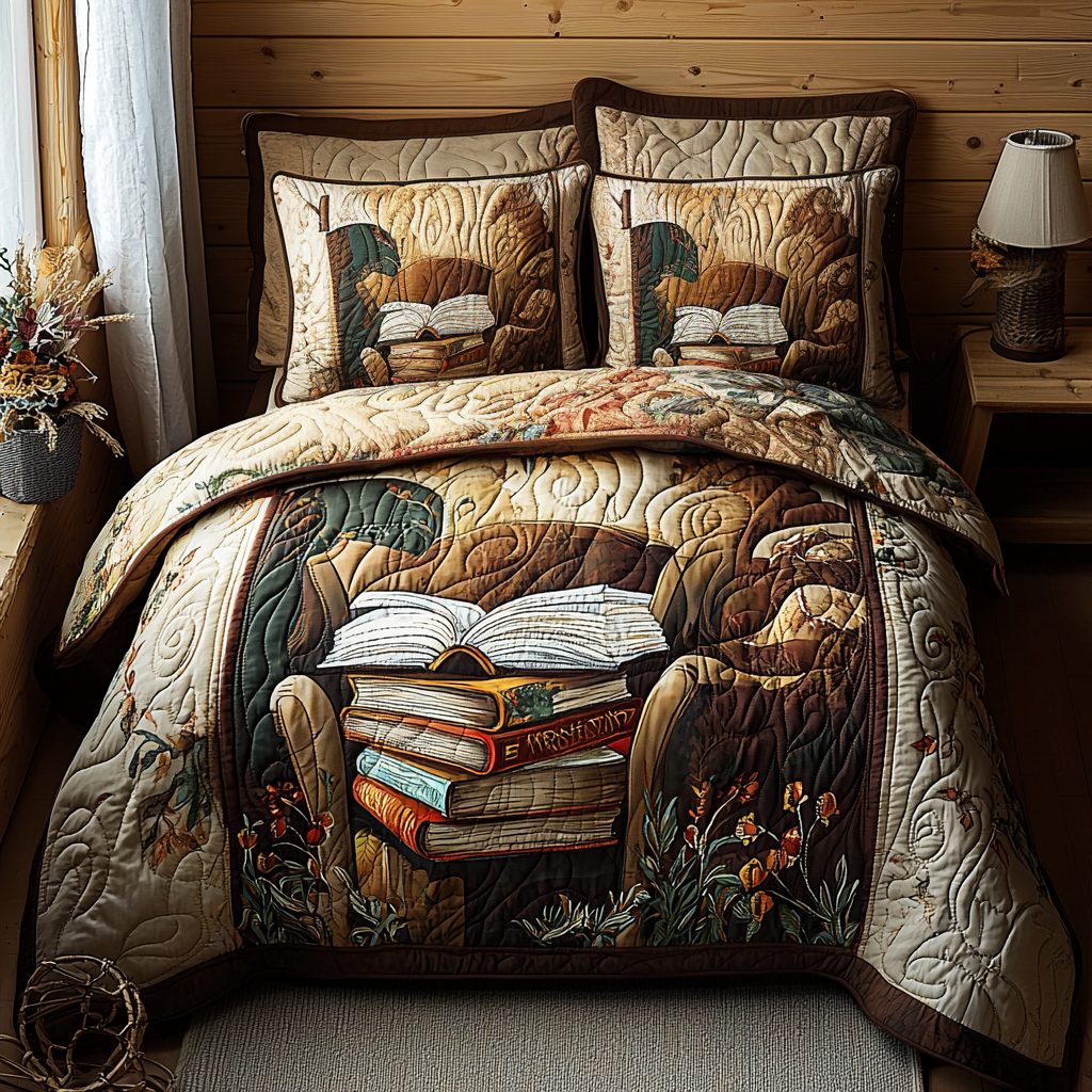 Book Cozyness quilted 3-piece bedding set on a made bed with two matching pillow shams