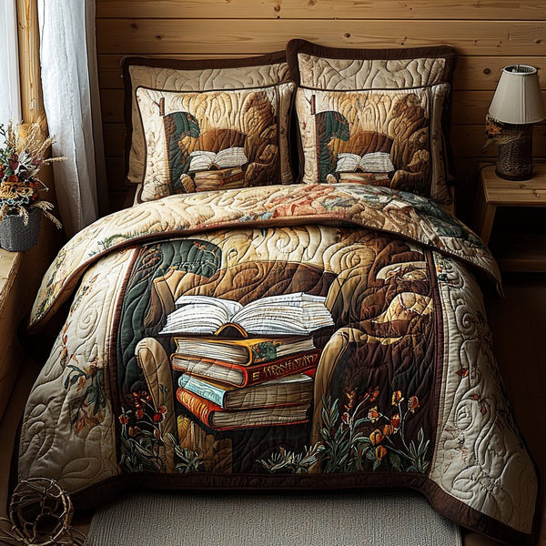 Book Cozyness quilted 3-piece bedding set on a made bed with two matching pillow shams
