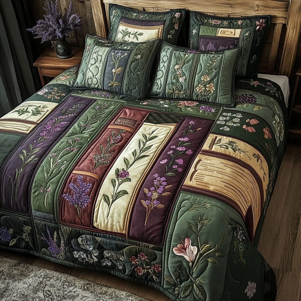 Book Garden quilted 3-piece bedding set on a made bed with two matching pillow shams