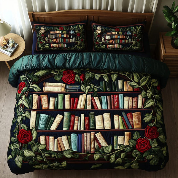 Book Haven quilted 3-piece bedding set on a made bed with two matching pillow shams