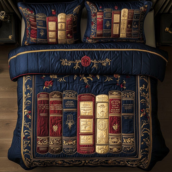 Book Haven quilted 3-piece bedding set on a made bed with two matching pillow shams