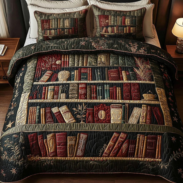 Book Haven quilted 3-piece bedding set on a made bed with two matching pillow shams