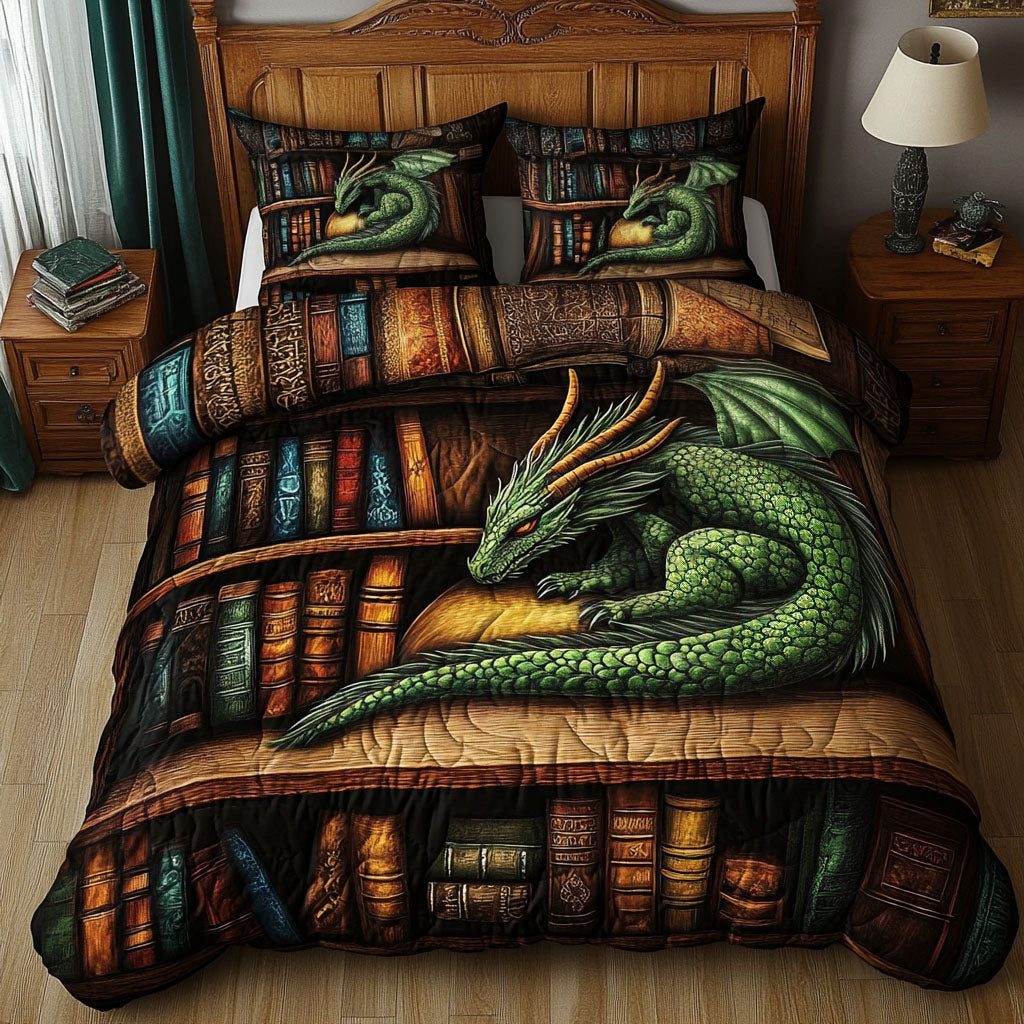 Book Hoard Keeper quilted 3-piece bedding set on a made bed with two matching pillow shams