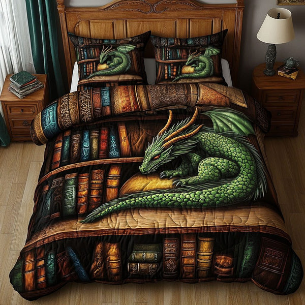 Book Hoard Keeper quilted 3-piece bedding set on a made bed with two matching pillow shams