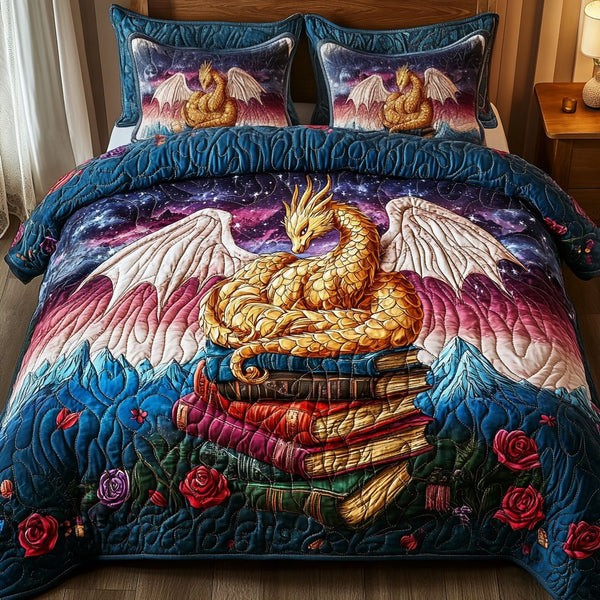 Book Hoard quilted 3-piece bedding set on a made bed with two matching pillow shams