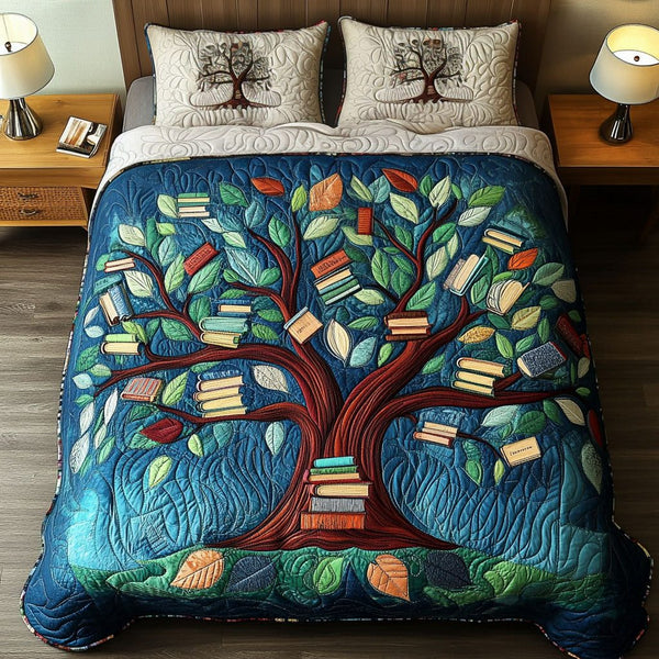 Book Leaves Bliss quilted 3-piece bedding set on a made bed with two matching pillow shams
