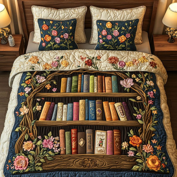 Book Lover Paradise quilted 3-piece bedding set on a made bed with two matching pillow shams