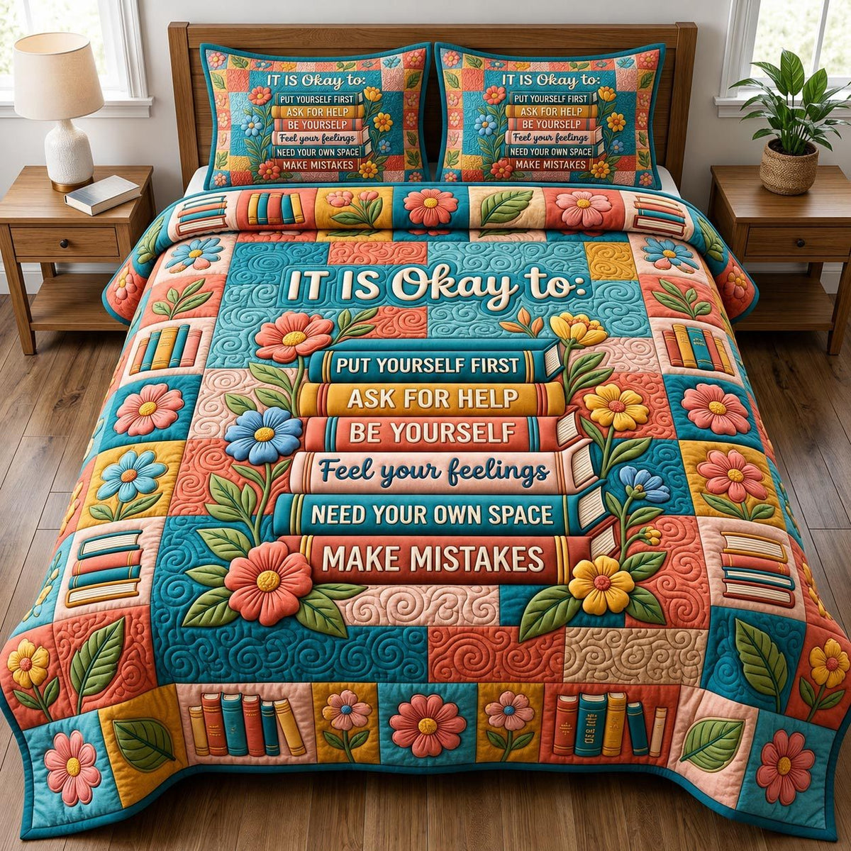 Book Lover quilted 3-piece bedding set on a made bed with two matching pillow shams