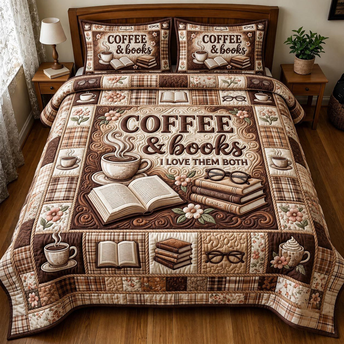 Book Lover quilted 3-piece bedding set on a made bed with two matching pillow shams