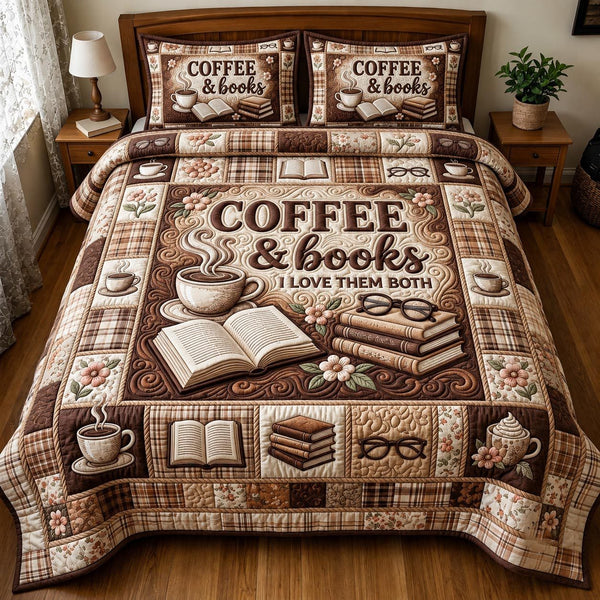 Book Lover quilted 3-piece bedding set on a made bed with two matching pillow shams