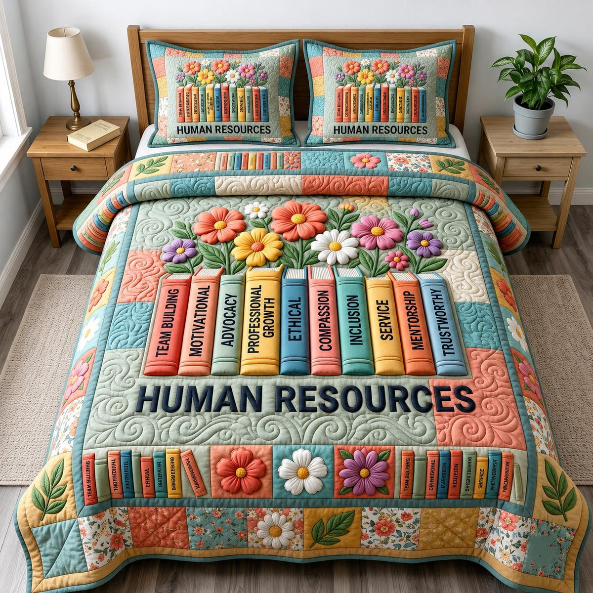 Book Lover quilted 3-piece bedding set on a made bed with two matching pillow shams
