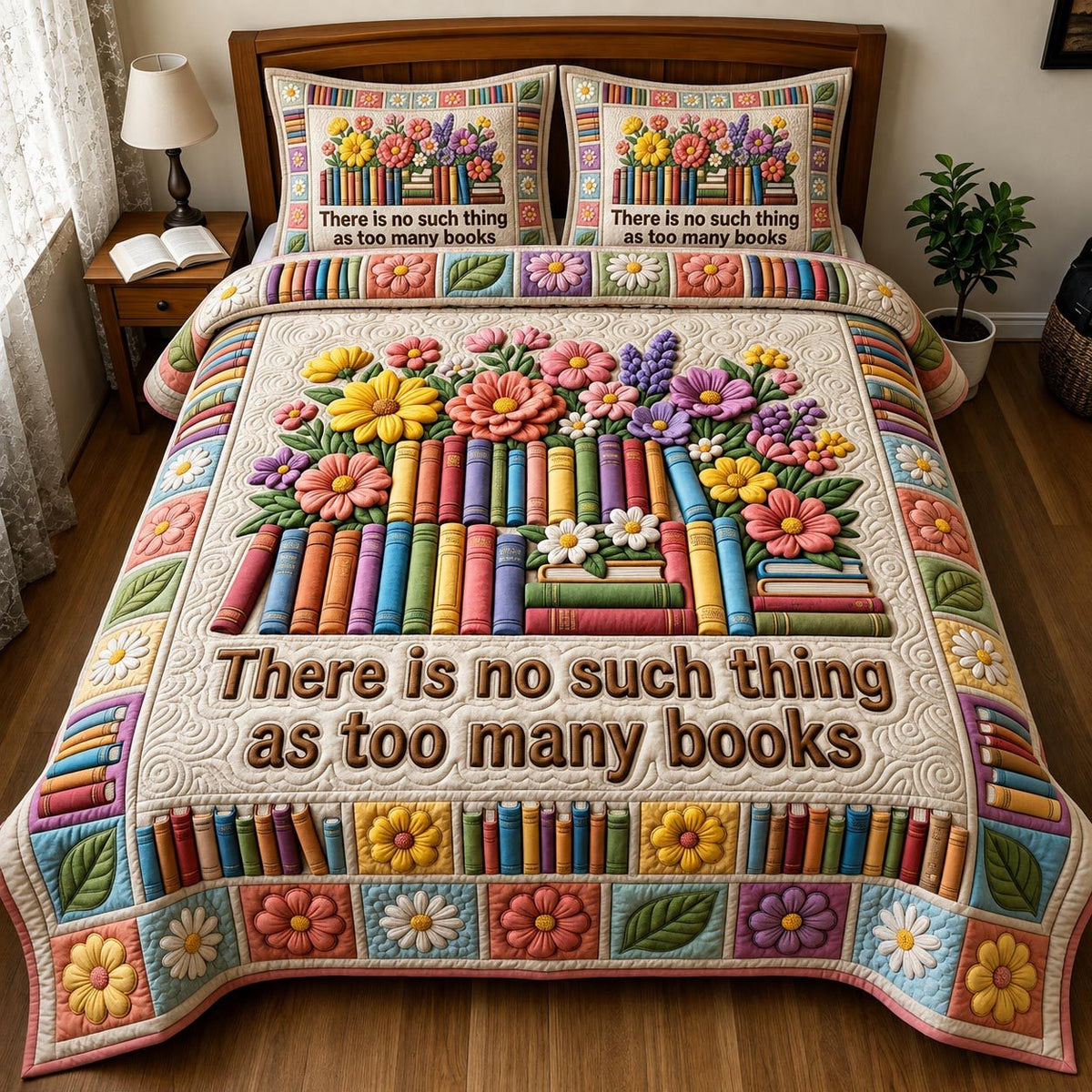 Book Lover quilted 3-piece bedding set on a made bed with two matching pillow shams