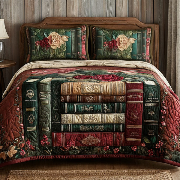Book Meadow quilted 3-piece bedding set on a made bed with two matching pillow shams