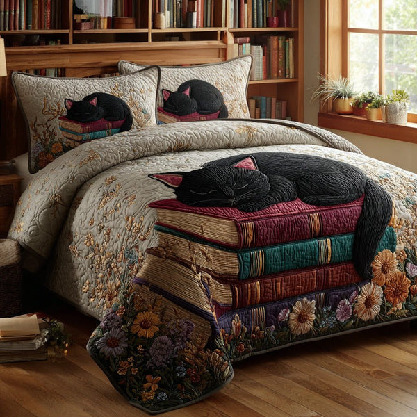 Book Naps quilted 3-piece bedding set on a made bed with two matching pillow shams
