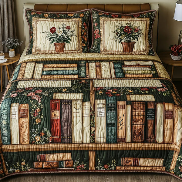 Book Nook quilted 3-piece bedding set on a made bed with two matching pillow shams