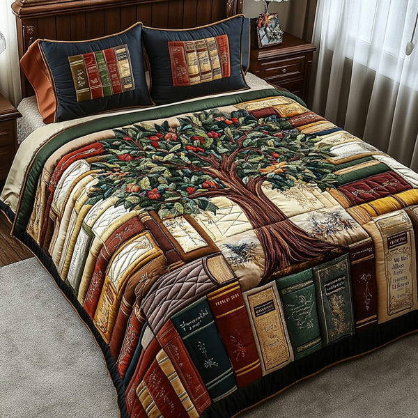 Book Nook quilted 3-piece bedding set on a made bed with two matching pillow shams