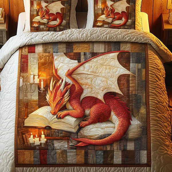 Book of Flame quilted 3-piece bedding set on a made bed with two matching pillow shams
