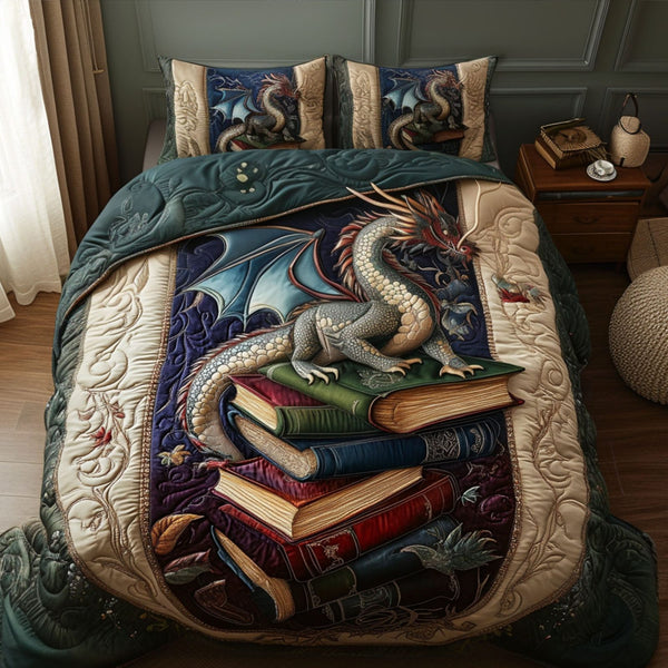Book of Flames quilted 3-piece bedding set on a made bed with two matching pillow shams