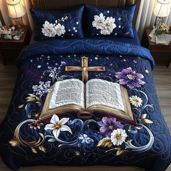 Book of Petals quilted 3-piece bedding set on a made bed with two matching pillow shams