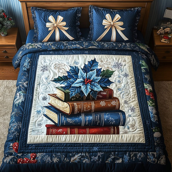 Book Pages Bliss quilted 3-piece bedding set on a made bed with two matching pillow shams
