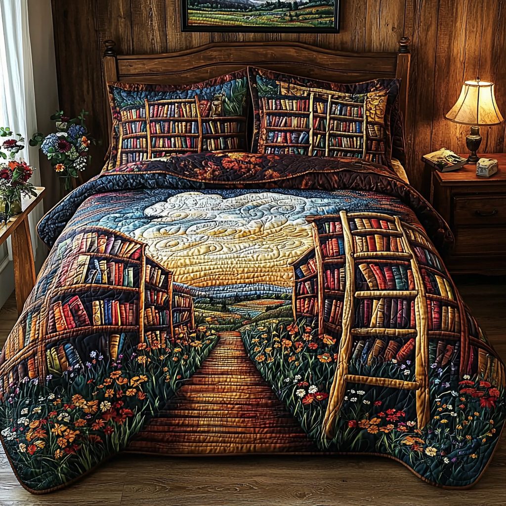 Book Pathways quilted 3-piece bedding set on a made bed with two matching pillow shams