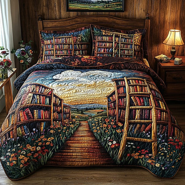 Book Pathways quilted 3-piece bedding set on a made bed with two matching pillow shams