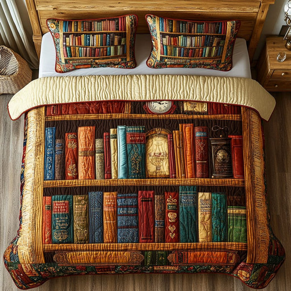 Book Retreat quilted 3-piece bedding set on a made bed with two matching pillow shams