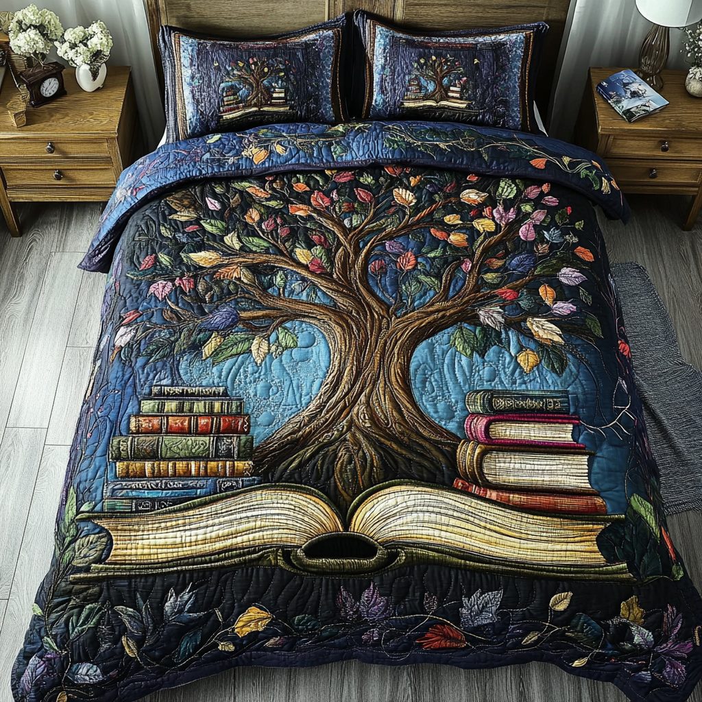 Book Roots quilted 3-piece bedding set on a made bed with two matching pillow shams