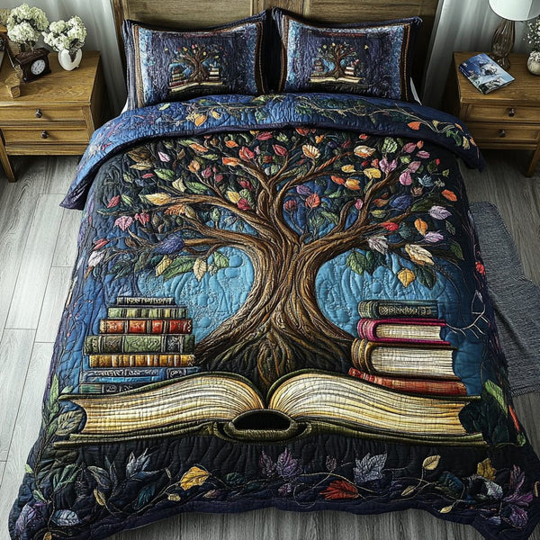 Book Roots quilted 3-piece bedding set on a made bed with two matching pillow shams