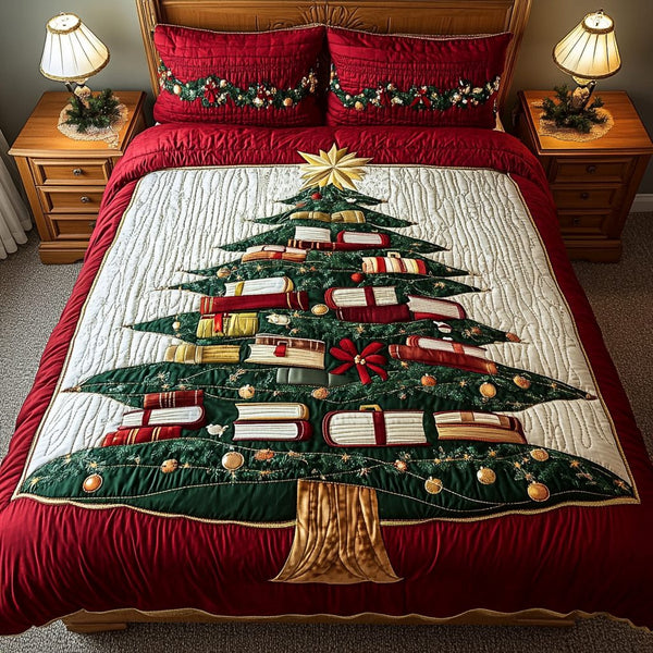 Book Tree quilted 3-piece bedding set on a made bed with two matching pillow shams