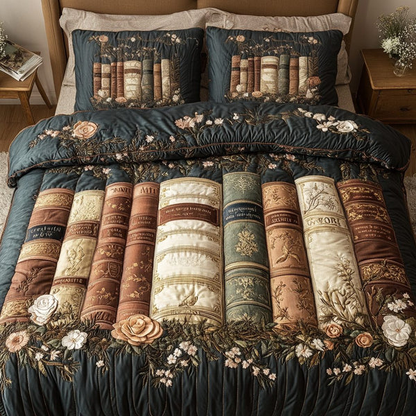 Bookcase Bliss quilted 3-piece bedding set on a made bed with two matching pillow shams