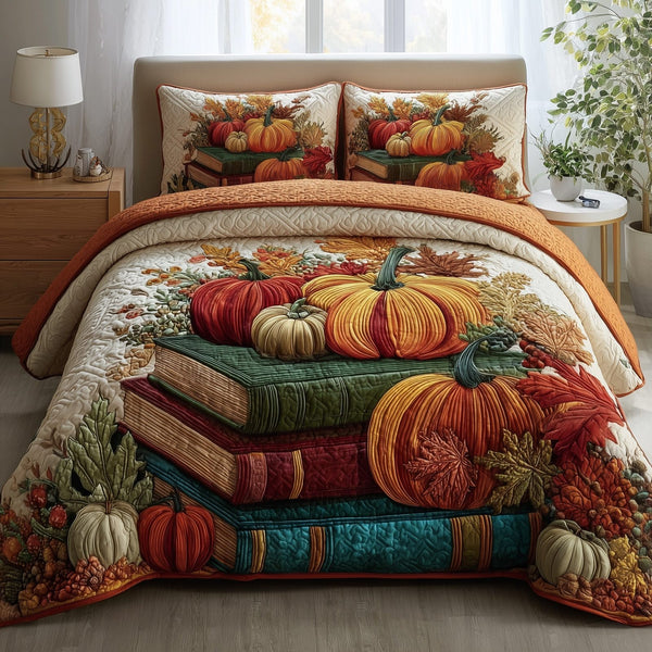 Bookish Autumn Dreams quilted 3-piece bedding set on a made bed with two matching pillow shams