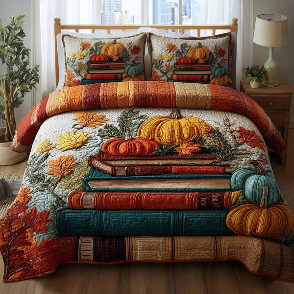 Bookish Autumn Dreams quilted 3-piece bedding set on a made bed with two matching pillow shams