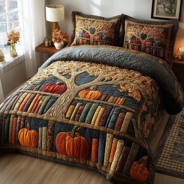 Bookish Autumn Dreams quilted 3-piece bedding set on a made bed with two matching pillow shams