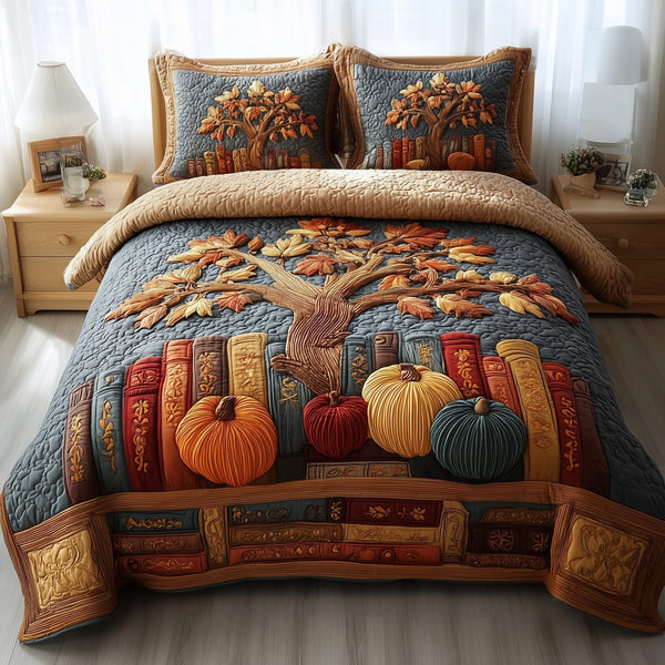 Bookish Autumn Dreams quilted 3-piece bedding set on a made bed with two matching pillow shams